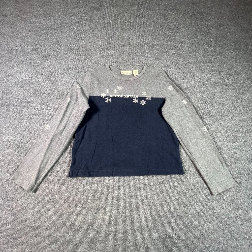 Aeropostale Shirt Womens M Gray Navy Colorblock Snowflake Cotton Long Sleeve Tee
